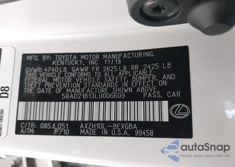 2020 Lexus Es 300H z USA, uszkodzony, nr VIN 58AD21B13LU006609